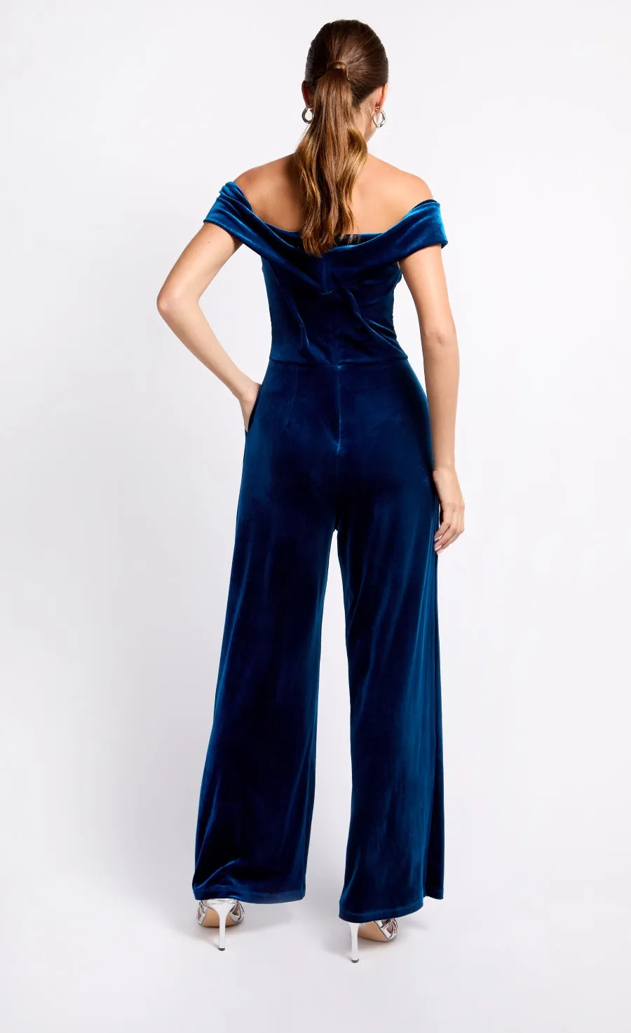 Petrol Velvet Bardot Jumpsuit by Vogue Williams