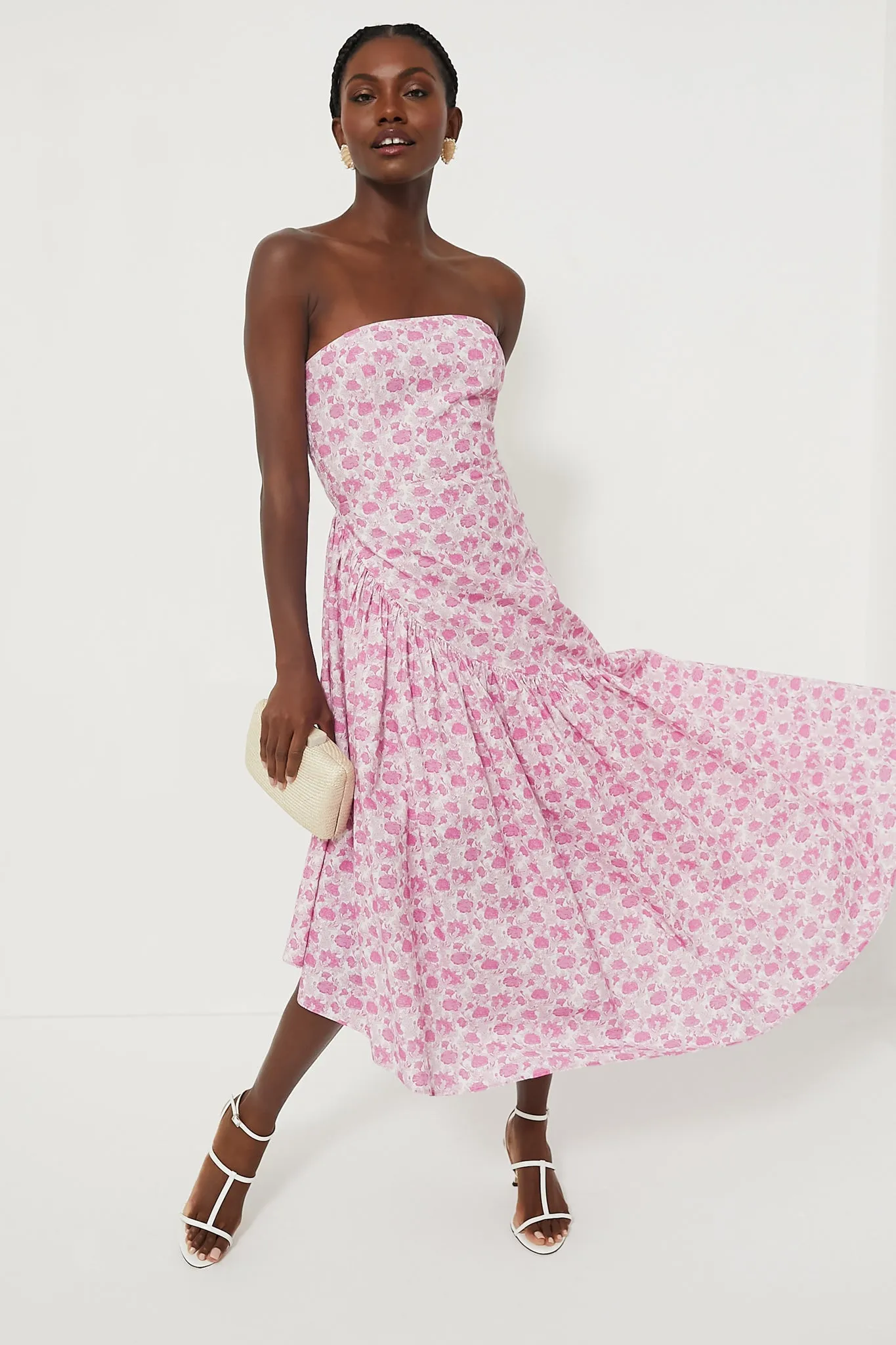 Pink and White Floral Ruffle Hem Camellia Dress