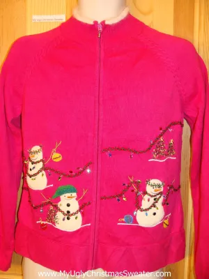 Pink Christmas Sweater Jumper with Bling and Snowmen