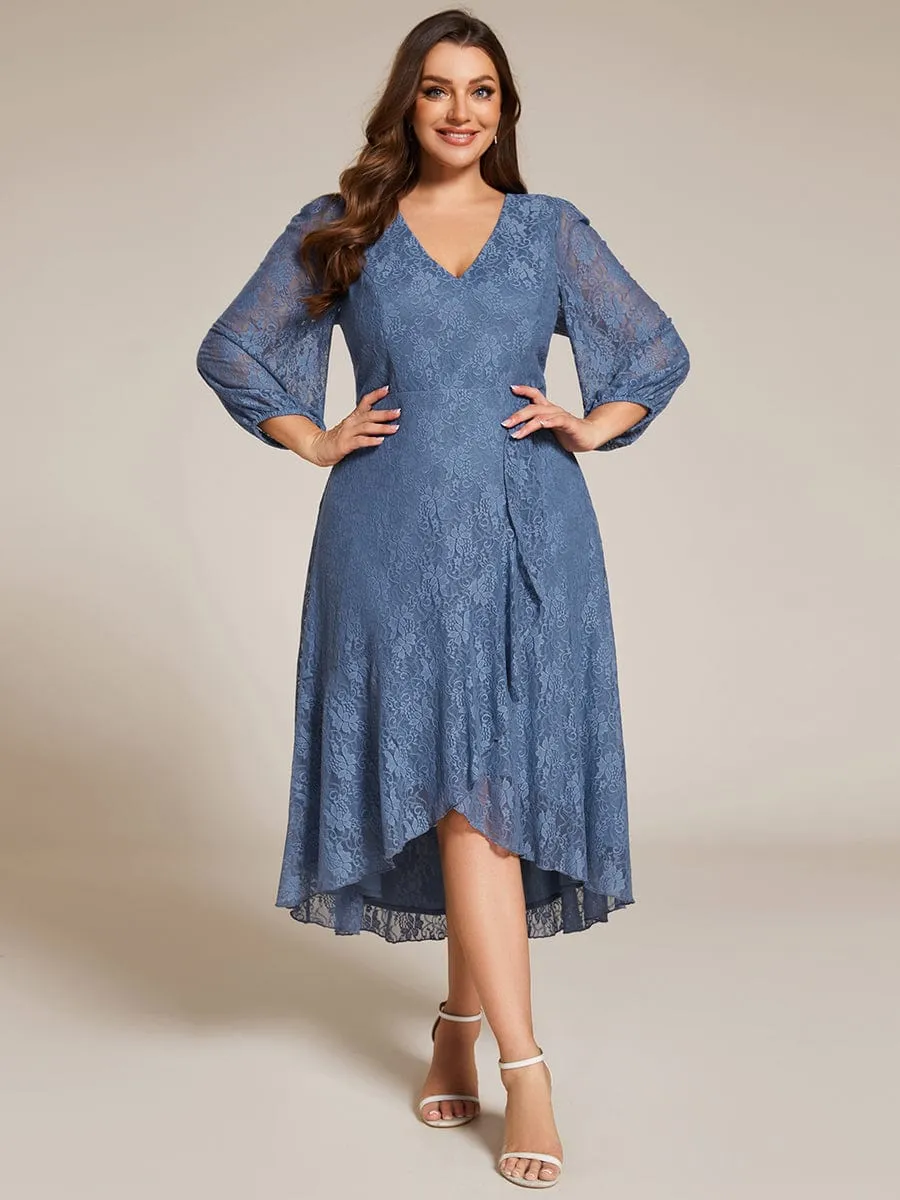 Plus Size Midi Long Lantern Sleeves V-Neck Lace Wedding Guest Dress