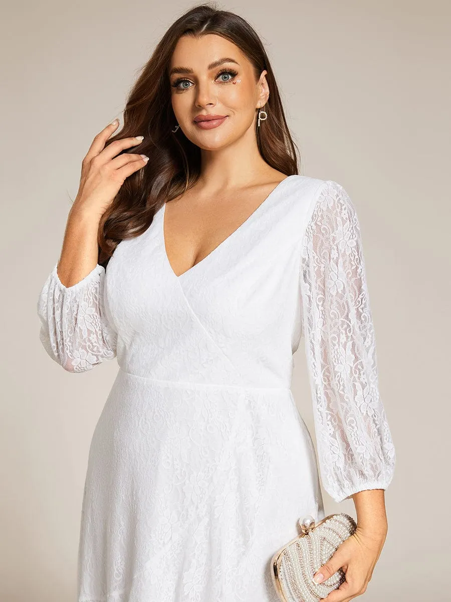 Plus Size Midi Long Lantern Sleeves V-Neck Lace Wedding Guest Dress