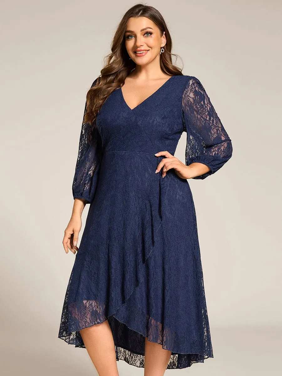 Plus Size Midi Long Lantern Sleeves V-Neck Lace Wedding Guest Dress