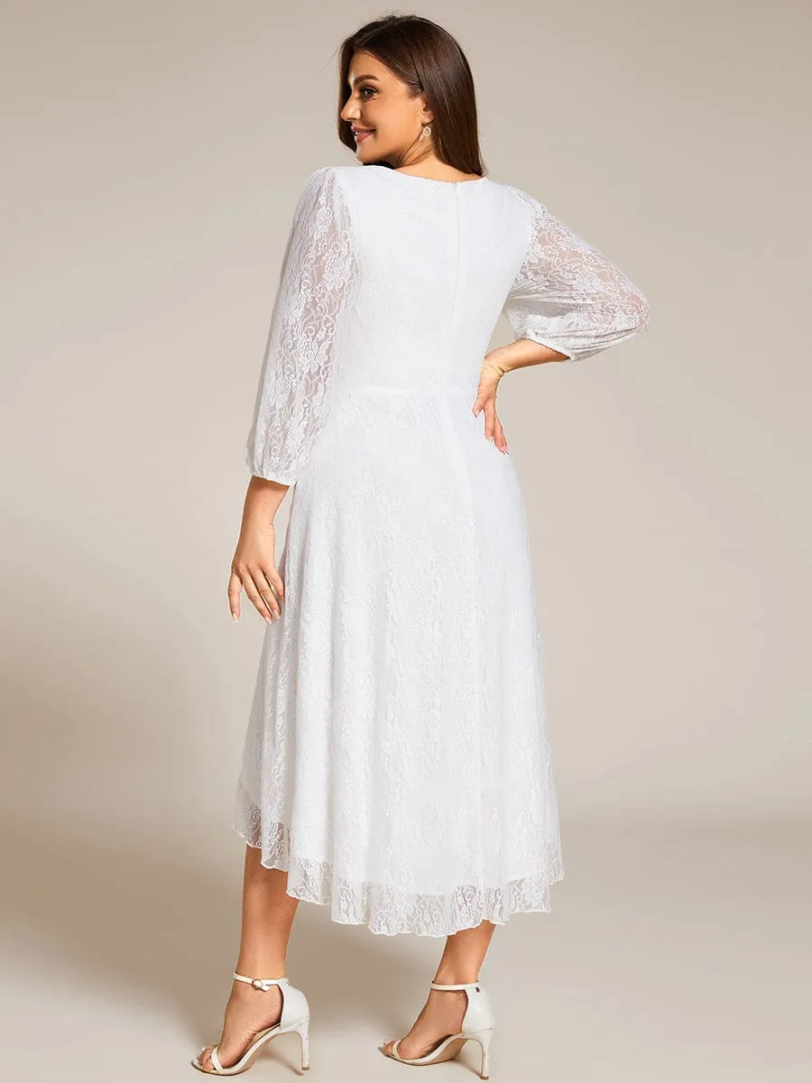 Plus Size Midi Long Lantern Sleeves V-Neck Lace Wedding Guest Dress