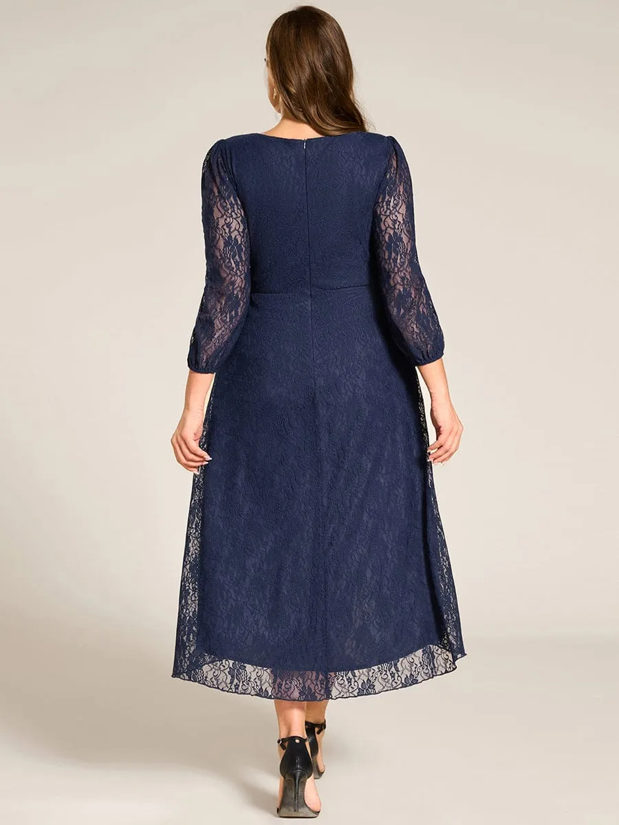 Plus Size Midi Long Lantern Sleeves V-Neck Lace Wedding Guest Dress