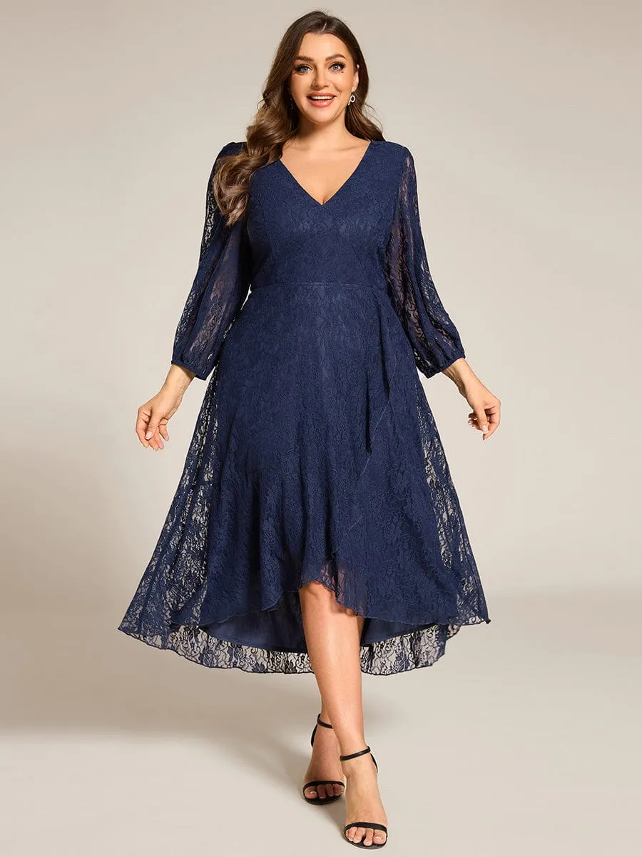 Plus Size Midi Long Lantern Sleeves V-Neck Lace Wedding Guest Dress