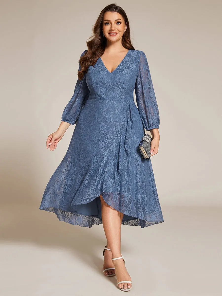 Plus Size Midi Long Lantern Sleeves V-Neck Lace Wedding Guest Dress