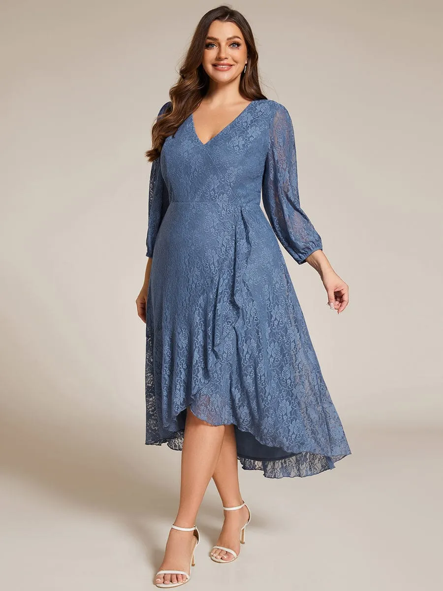 Plus Size Midi Long Lantern Sleeves V-Neck Lace Wedding Guest Dress