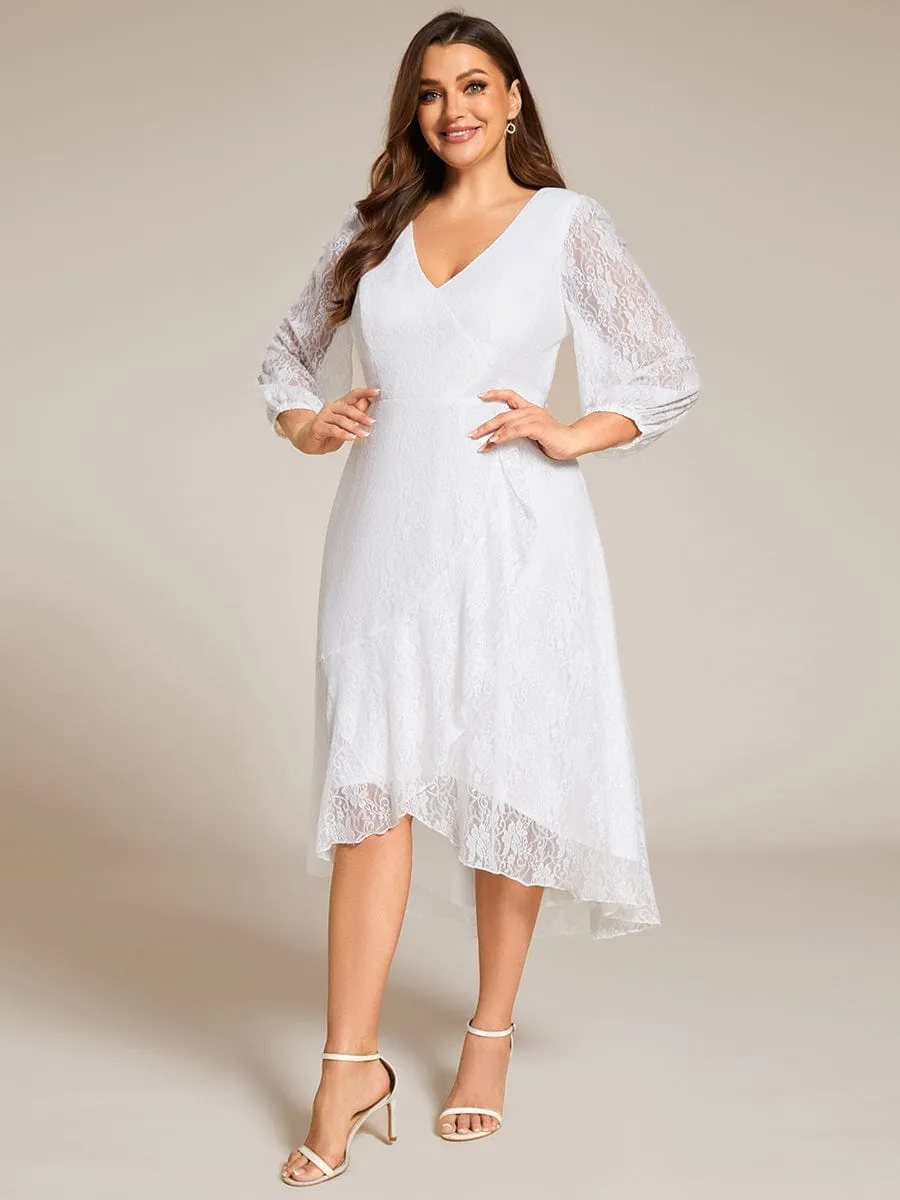 Plus Size Midi Long Lantern Sleeves V-Neck Lace Wedding Guest Dress