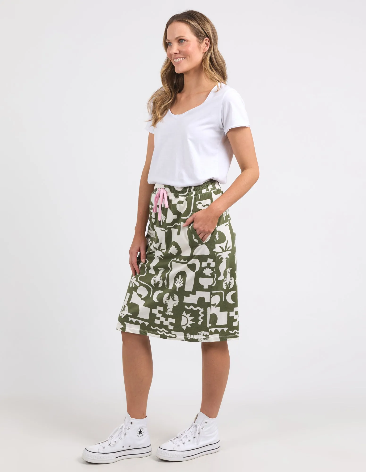 Postcard Skirt Khaki And Cream Print