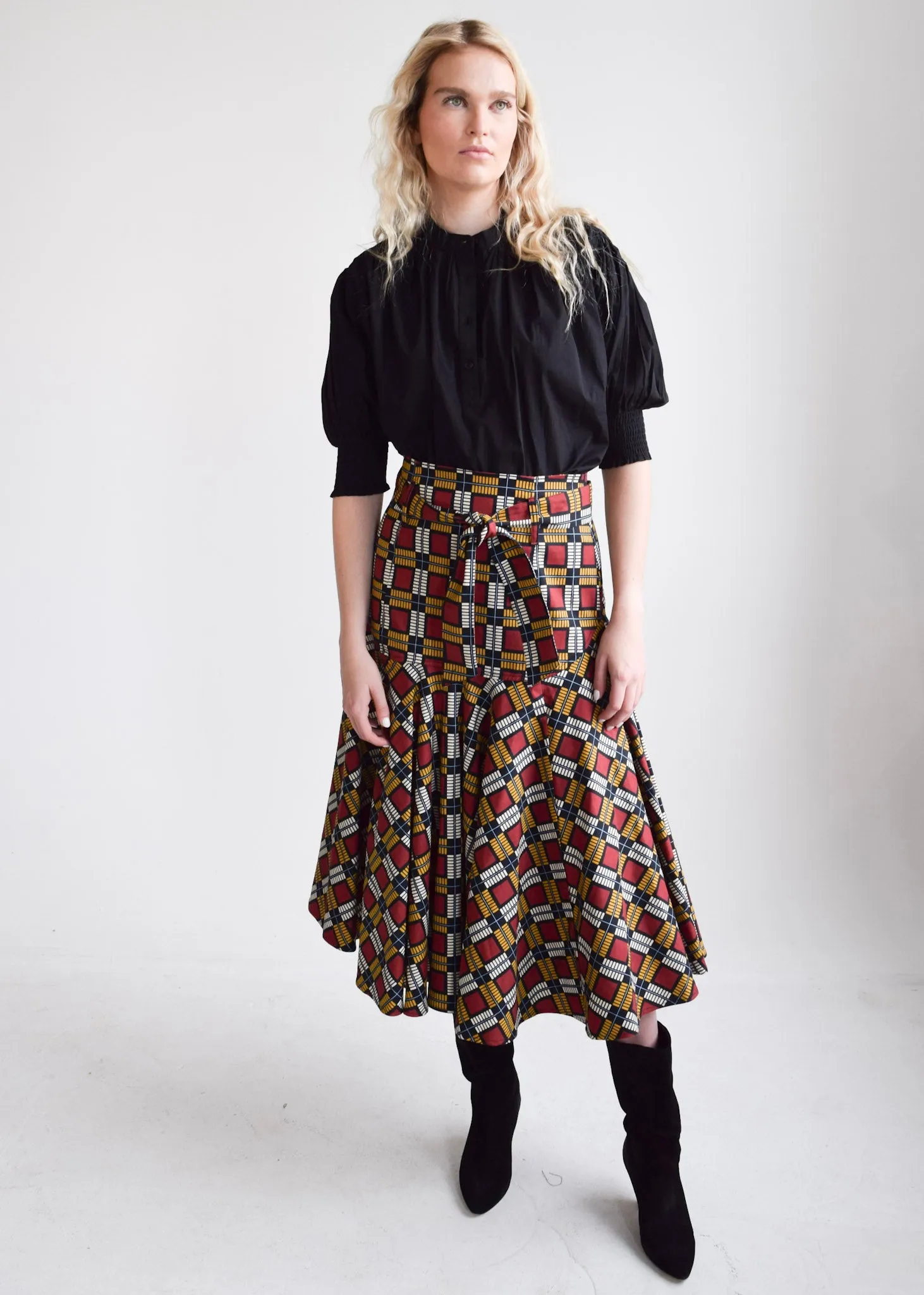 Prairie Midi Skirt (Button Belt) Squares Twill