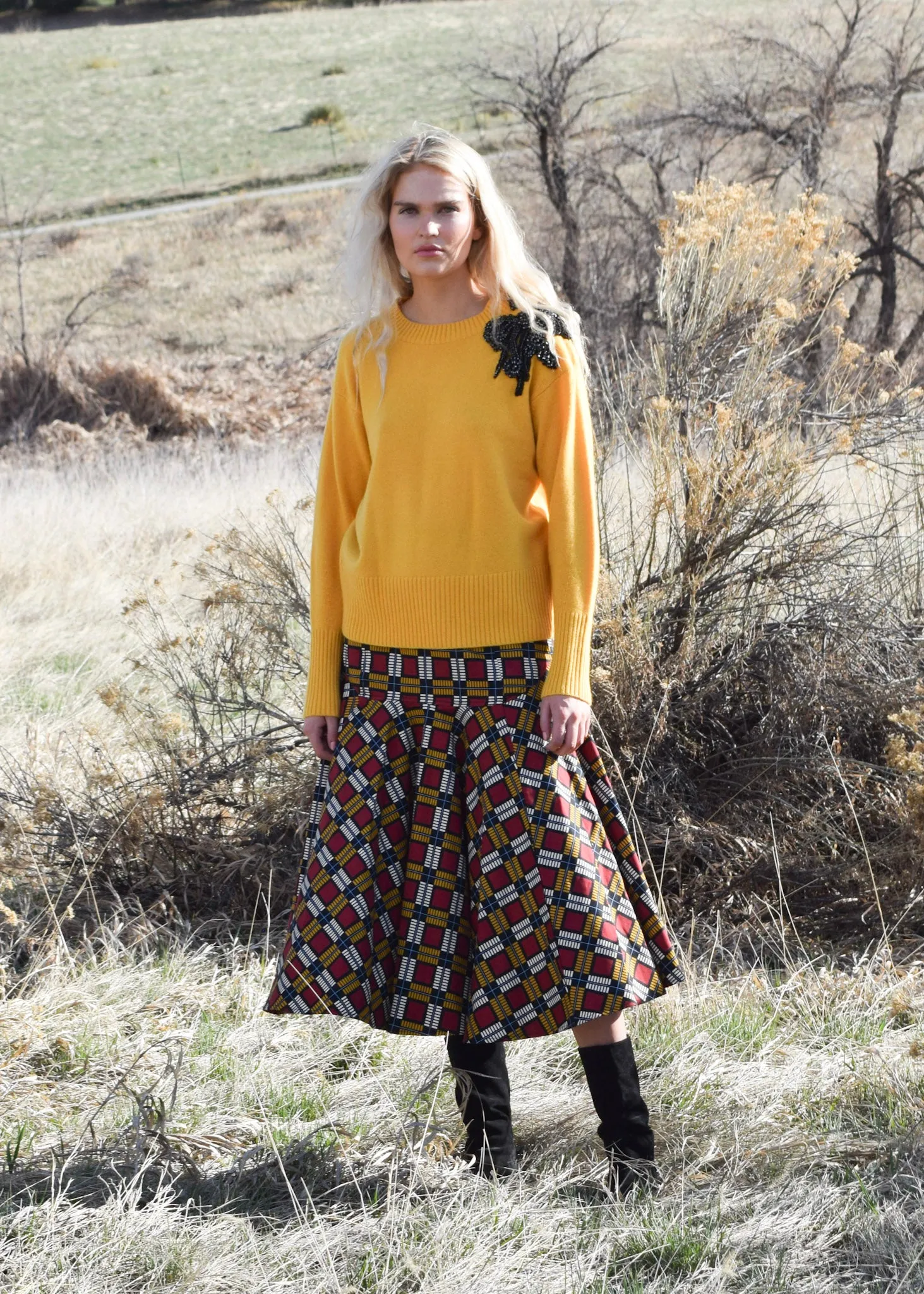 Prairie Midi Skirt (Button Belt) Squares Twill