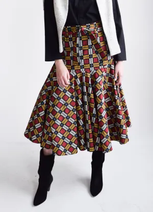 Prairie Midi Skirt (Button Belt) Squares Twill