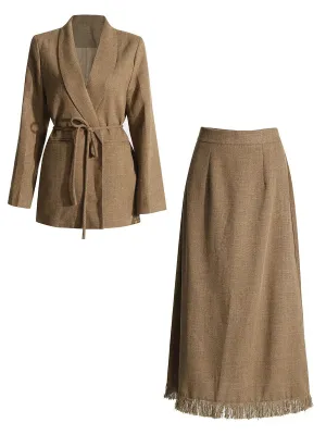 Pre Order:  Solid Color Waist Suit Jacket   Tassel Skirt