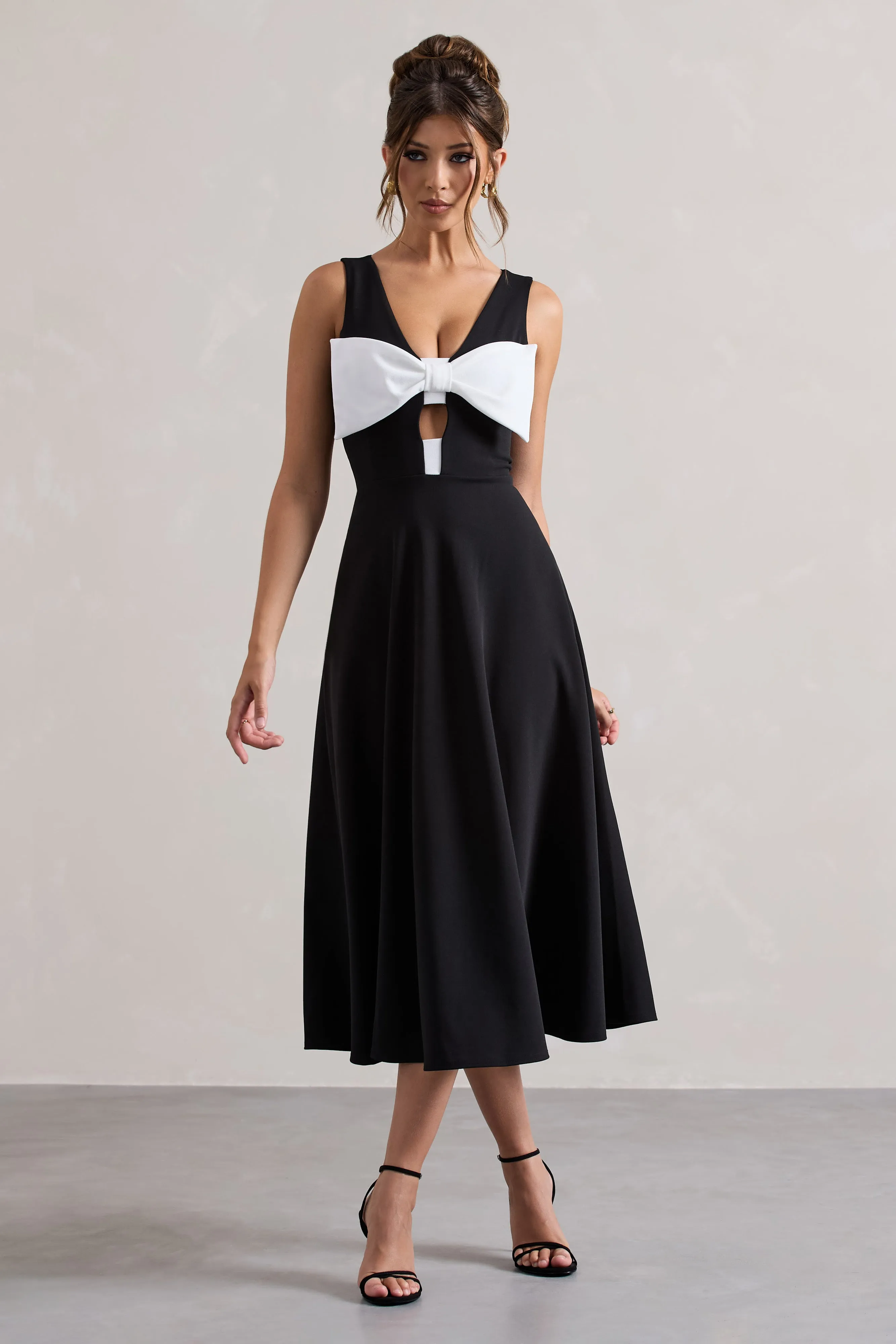 Primrose | Black Plunge-Neck Midi Dress With White Bow