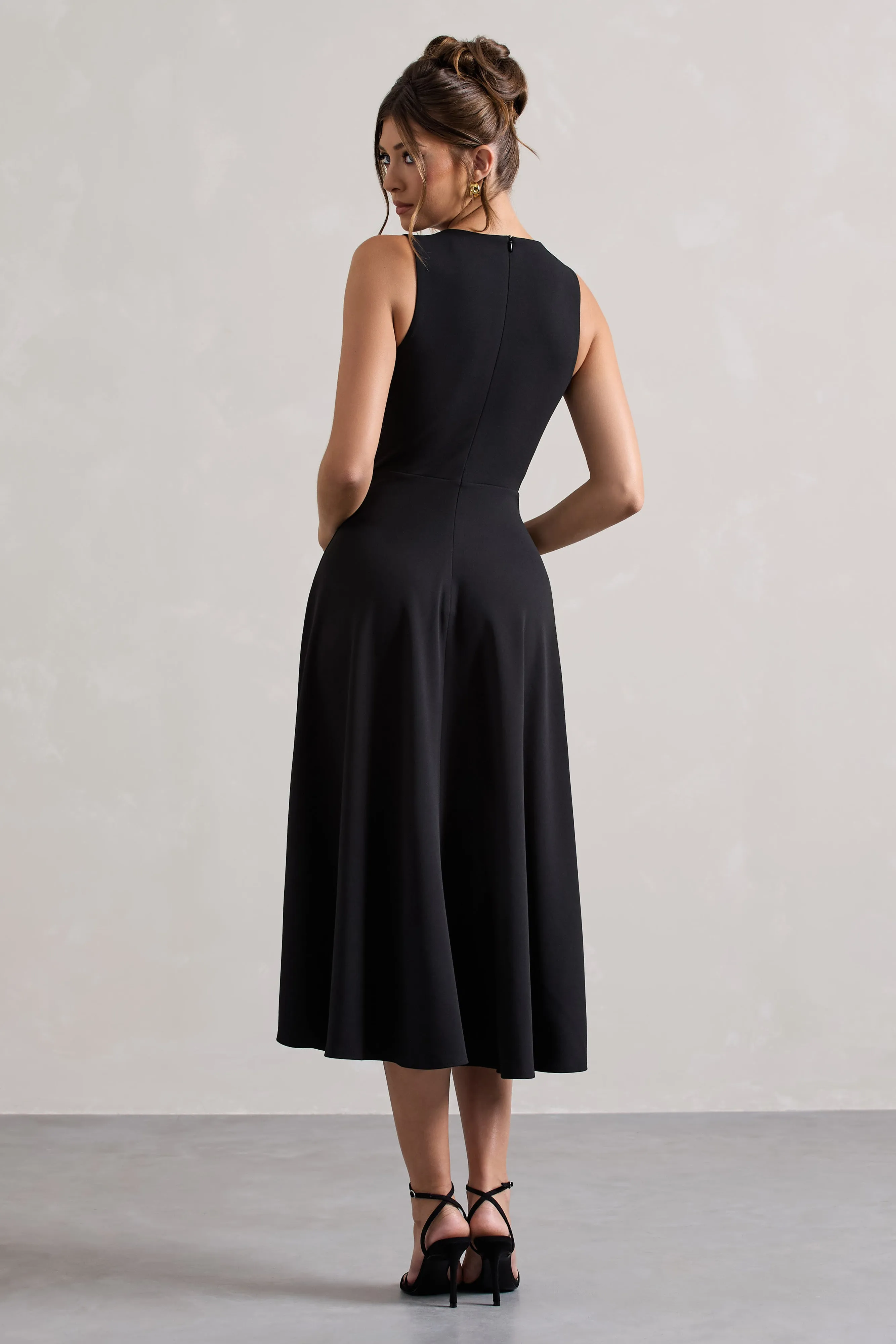 Primrose | Black Plunge-Neck Midi Dress With White Bow