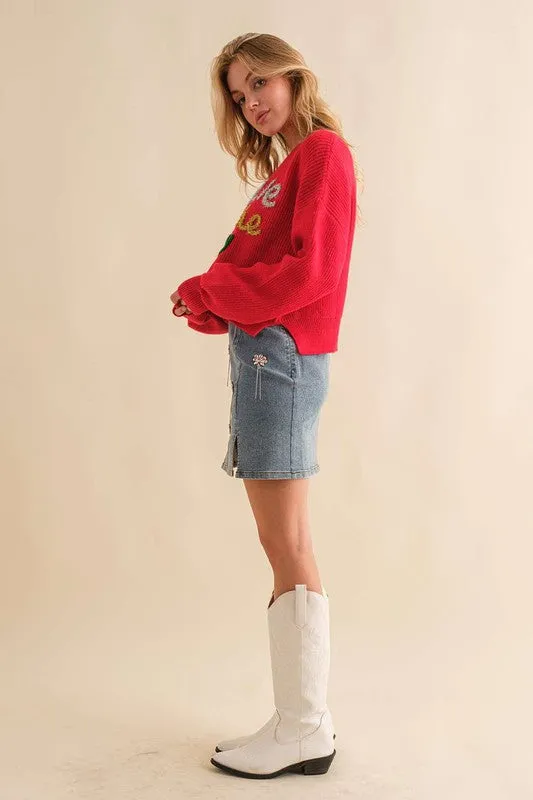 Red Sparkle All The Way Sparkle Letter Crop Sweater