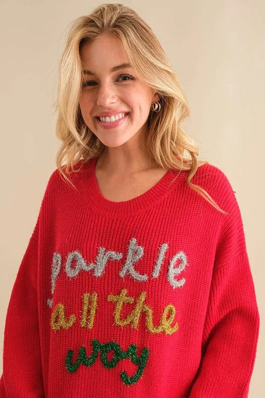 Red Sparkle All The Way Sparkle Letter Crop Sweater