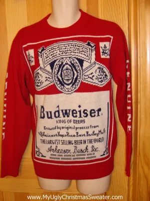 Red Ugly Christmas Sweater Party Vintage Budweiser Sweater with 2sided Bud Label Design (v13)