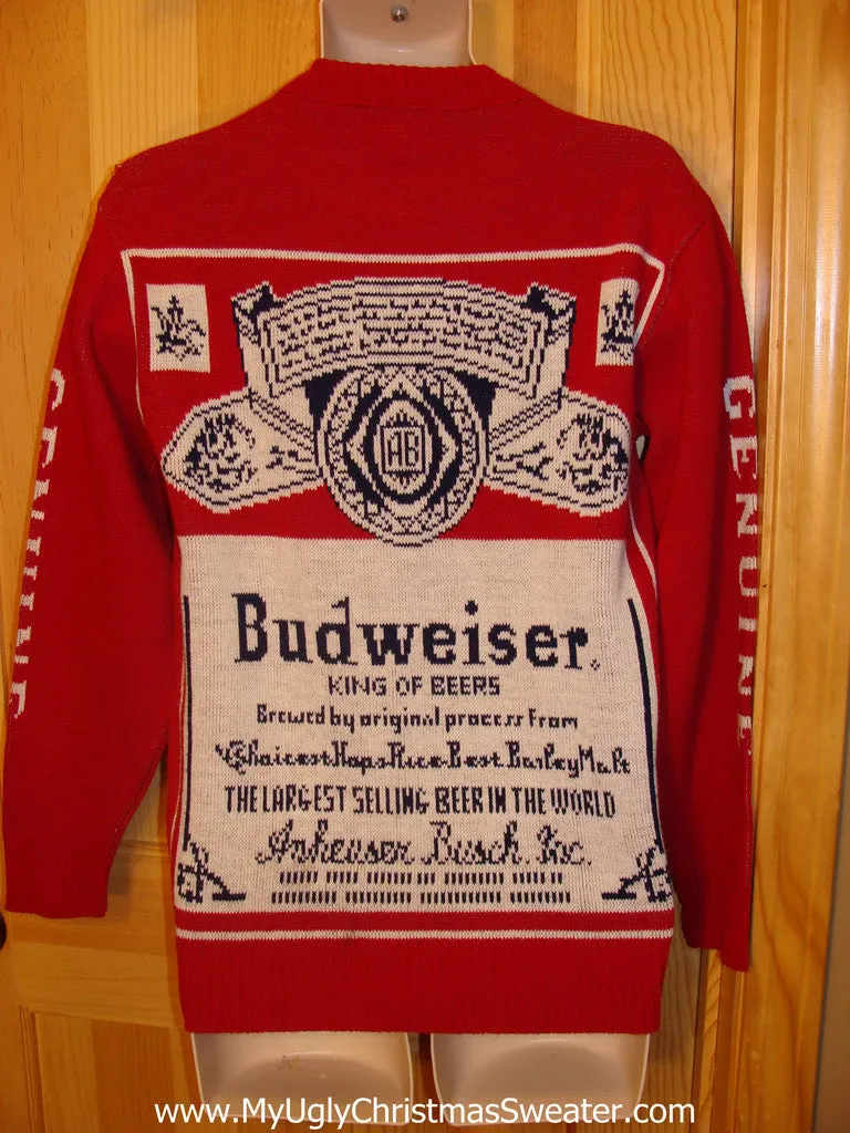 Red Ugly Christmas Sweater Party Vintage Budweiser Sweater with 2sided Bud Label Design (v13)