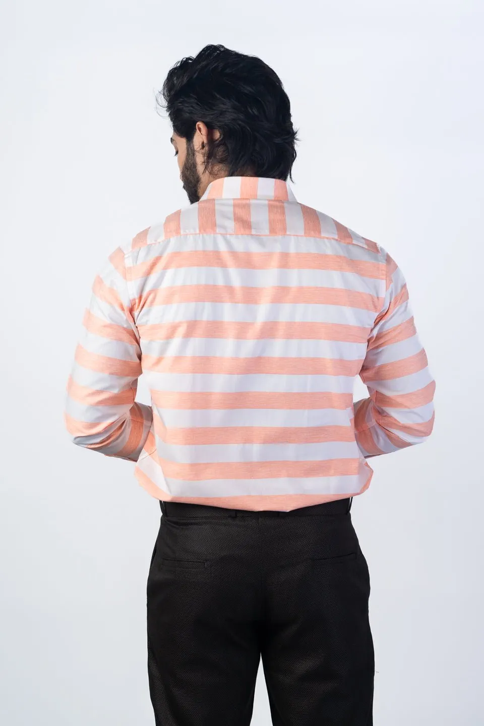 Salmon Orange Color Cotton Stripe Shirt For Men