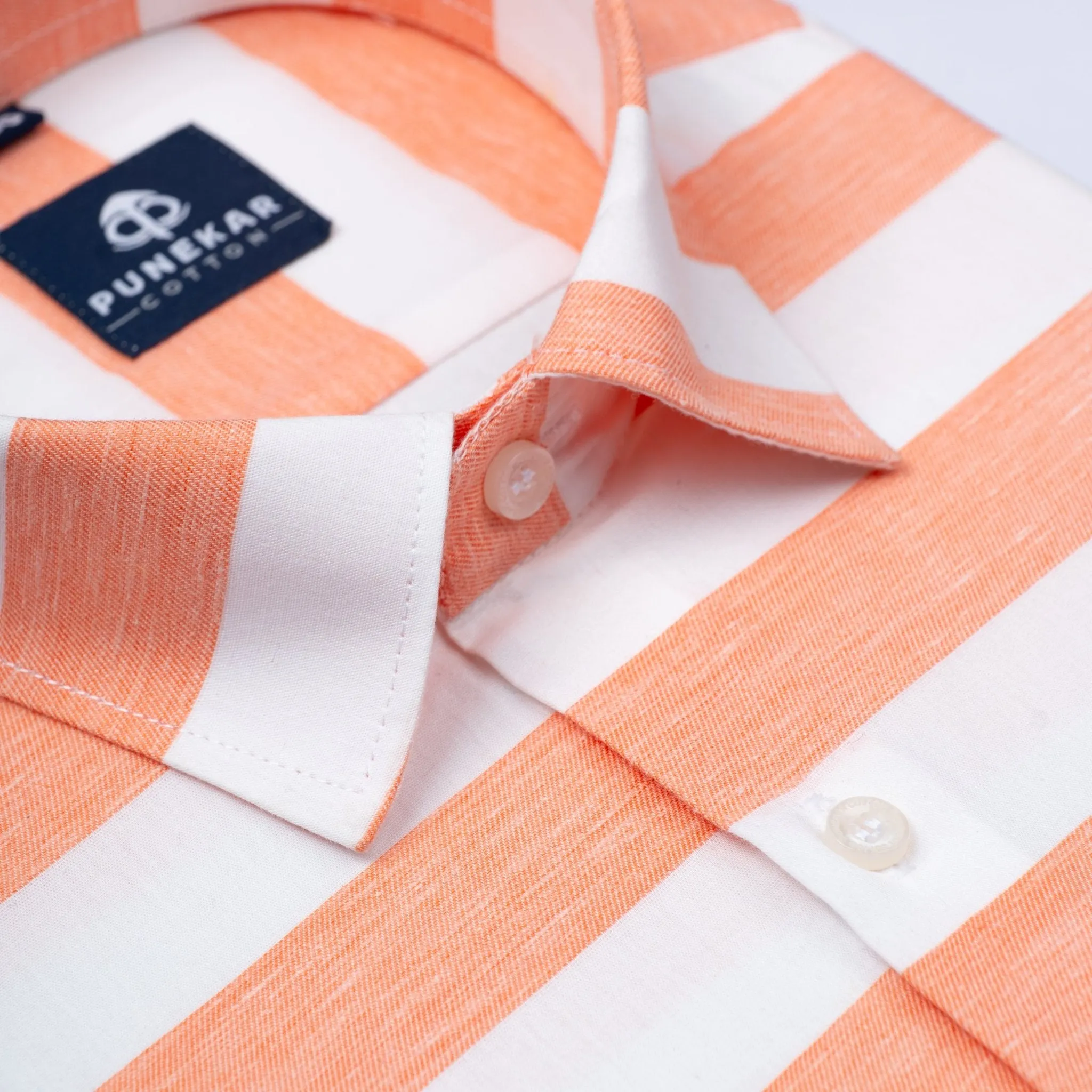 Salmon Orange Color Cotton Stripe Shirt For Men