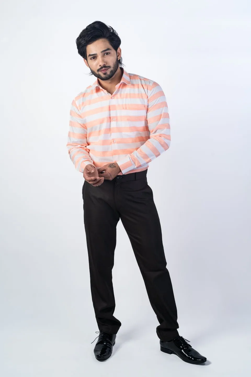 Salmon Orange Color Cotton Stripe Shirt For Men