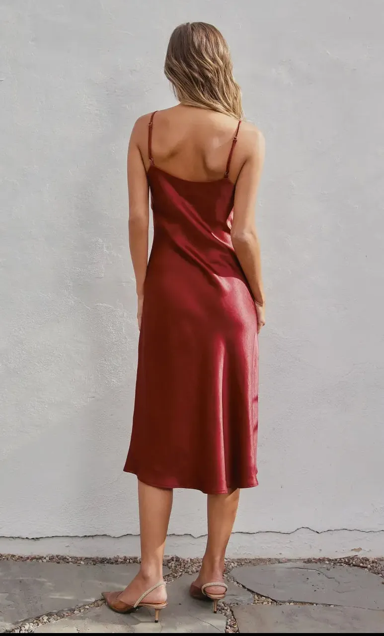 Satin Burgundy Midi Slip Dress