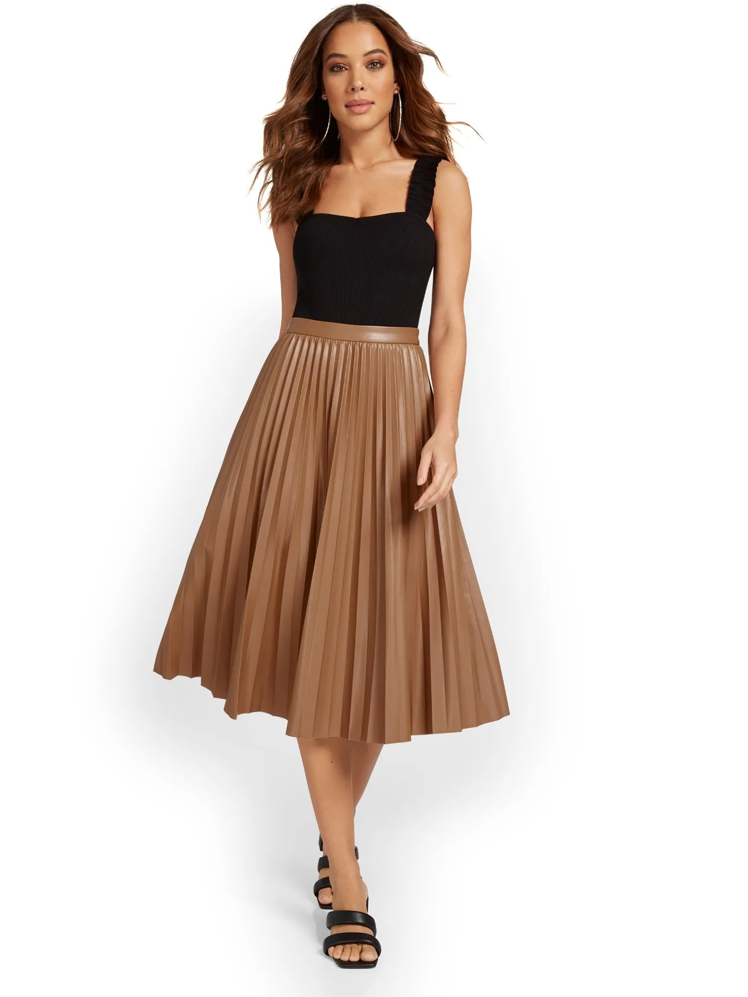 See And Be Seen Faux-Leather Pleated Midi Skirt - Brands We Love