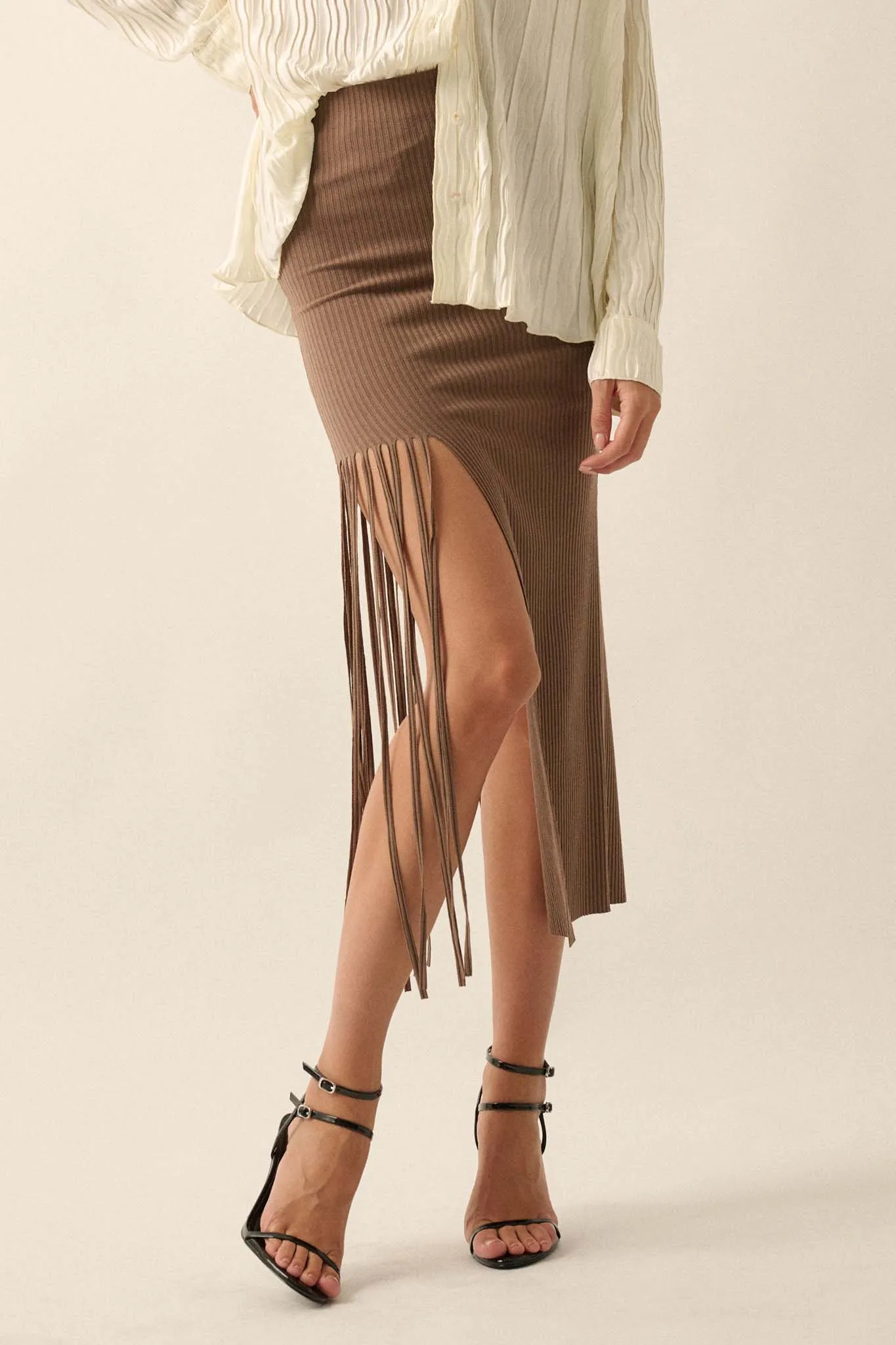 Shimmy on Down Asymmetrical Fringe Midi Skirt