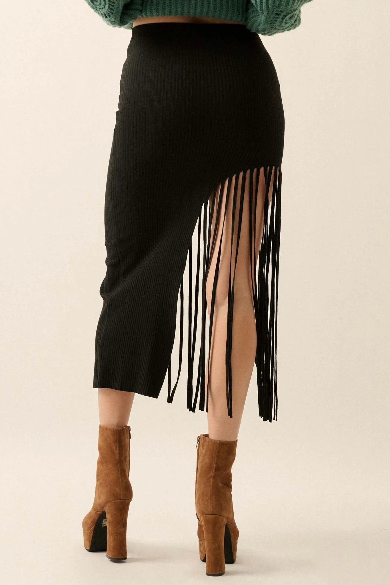 Shimmy on Down Asymmetrical Fringe Midi Skirt