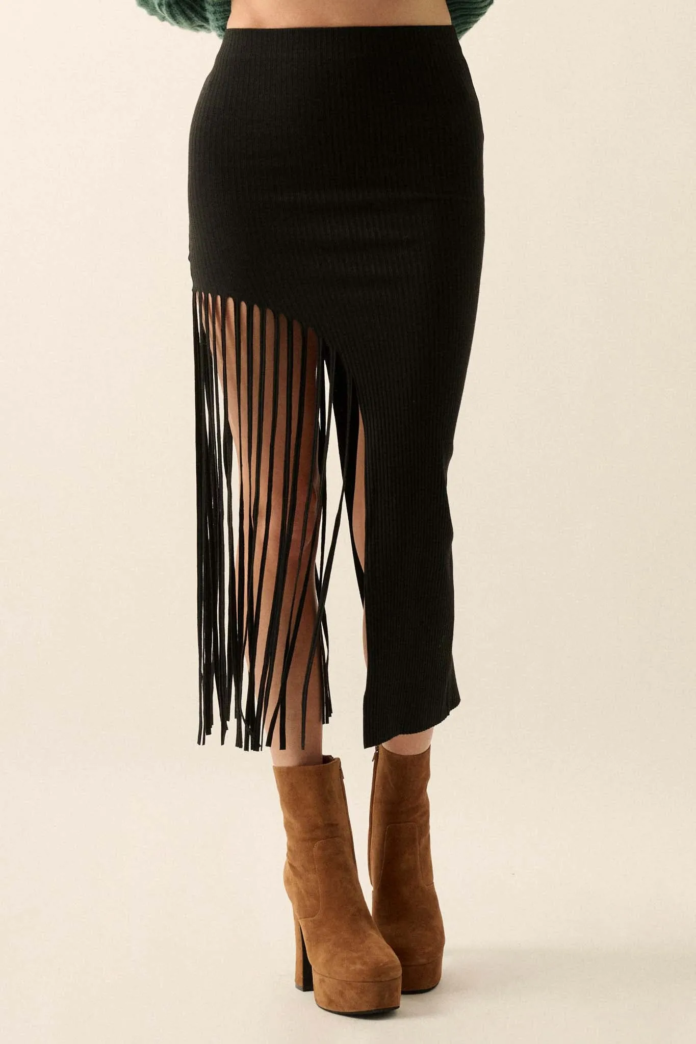 Shimmy on Down Asymmetrical Fringe Midi Skirt