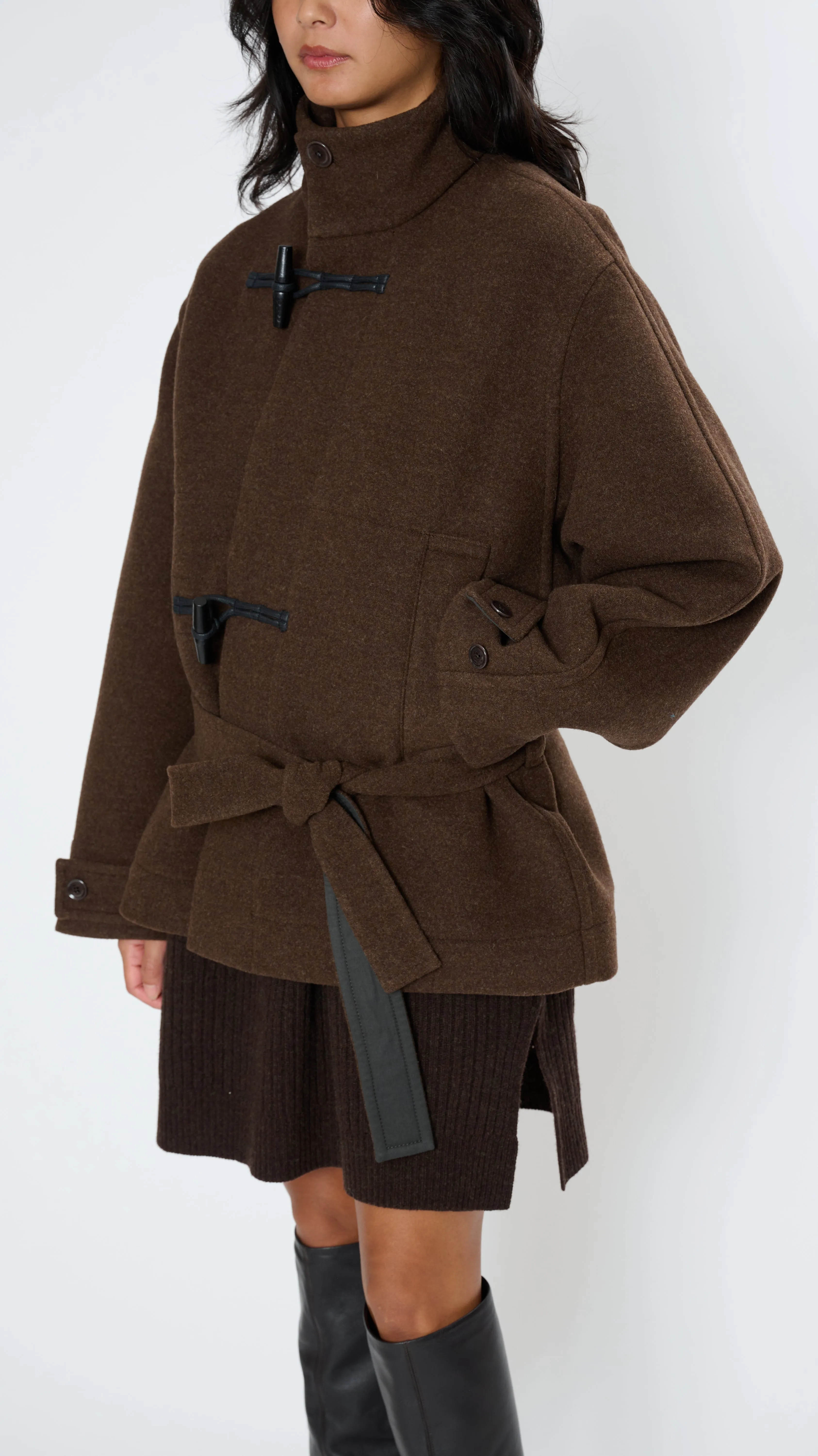 Short Duffle Bathrobe Coat in Brown