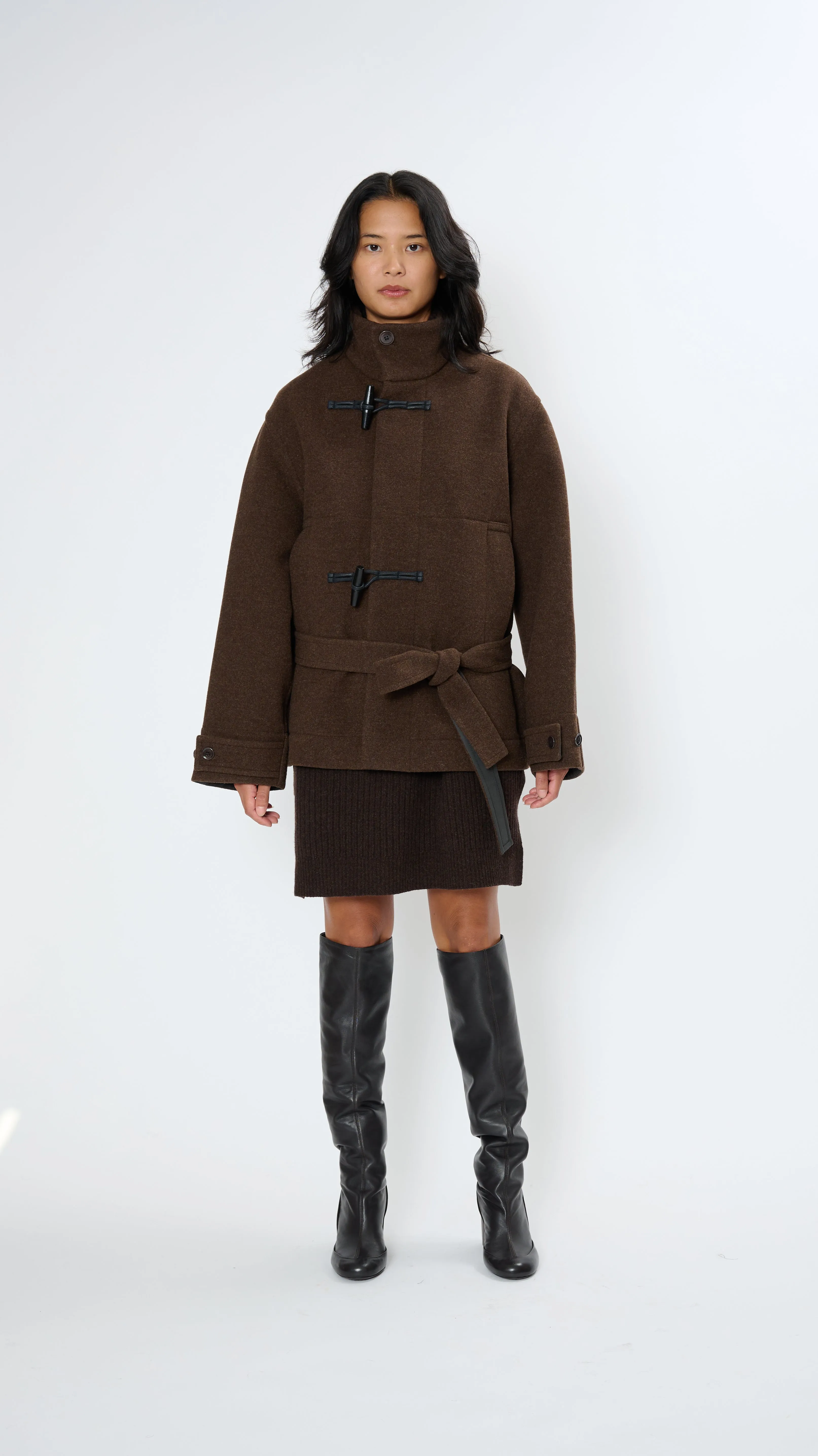 Short Duffle Bathrobe Coat in Brown