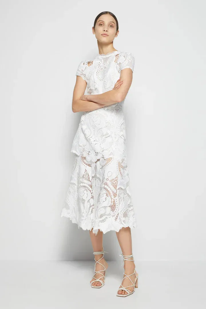 Signature Laura Lace Appliqué Graceful Midi Dress in White