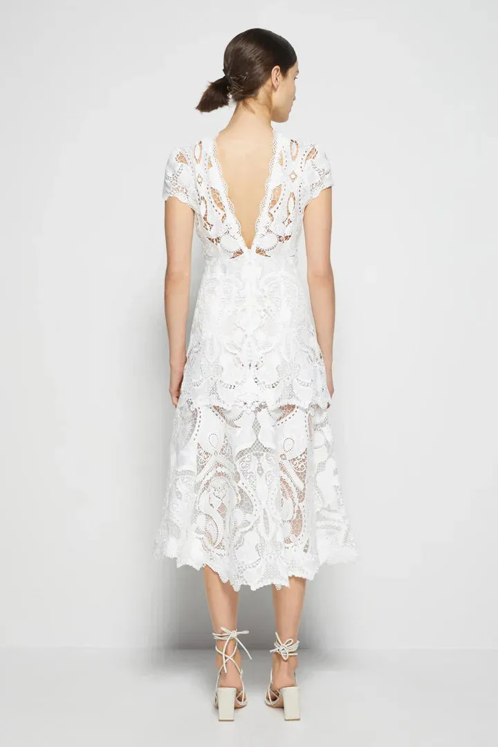 Signature Laura Lace Appliqué Graceful Midi Dress in White