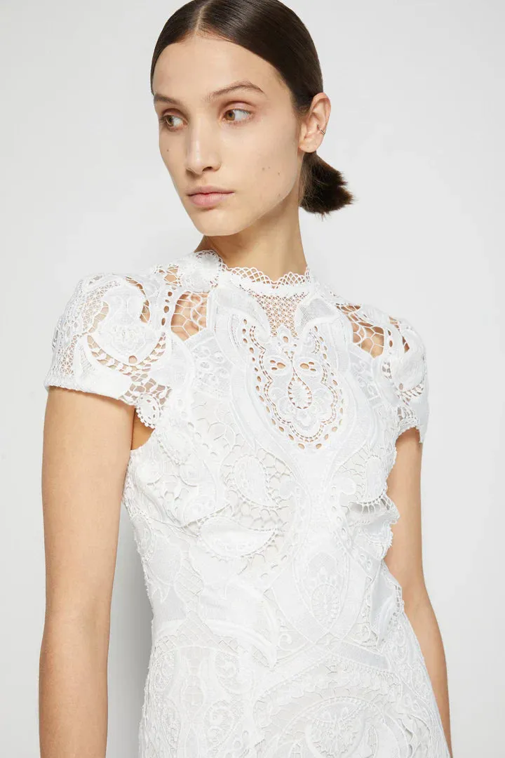 Signature Laura Lace Appliqué Graceful Midi Dress in White