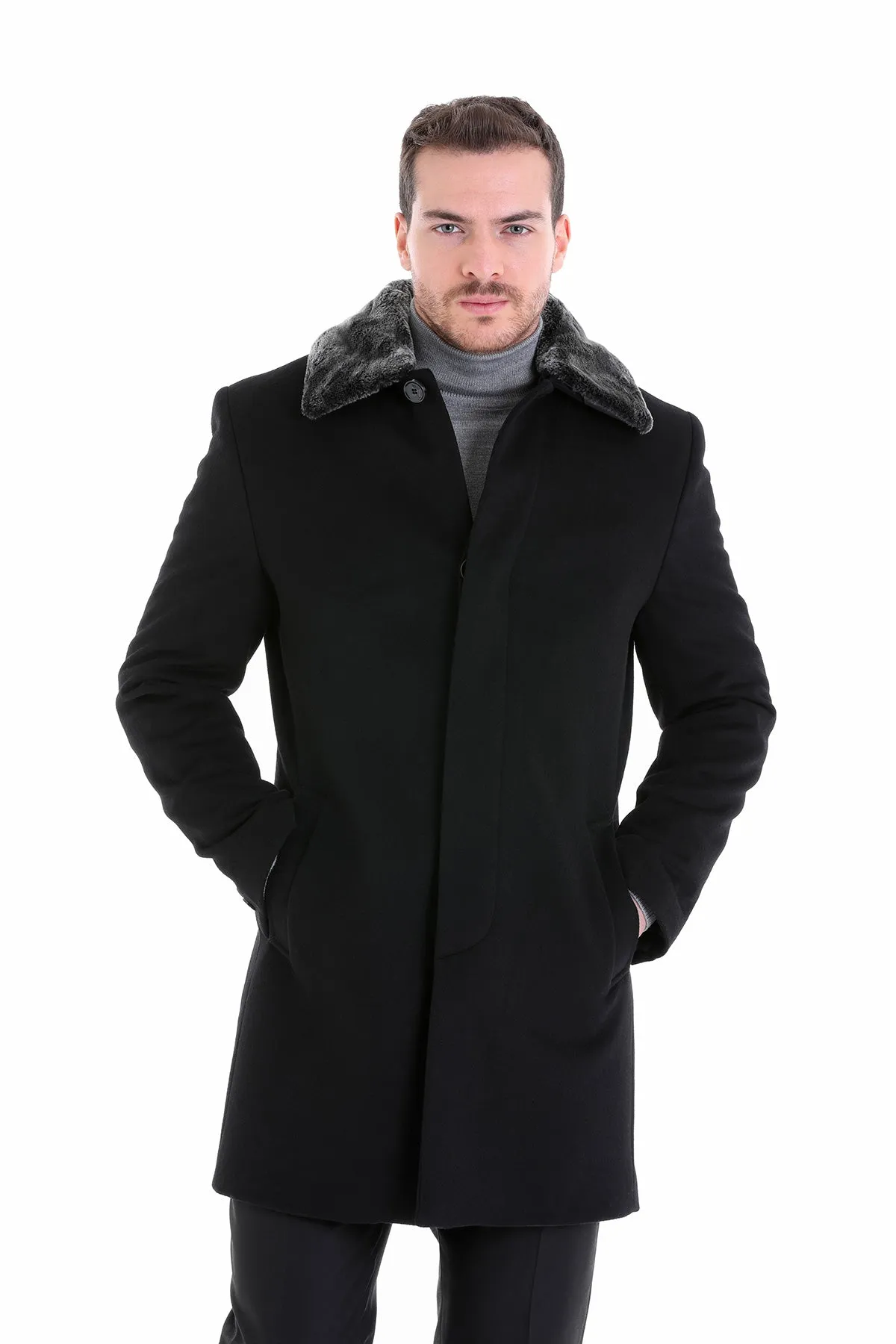 Slim Fit Cachet Flat Collar Black Wool Blend Overcoat