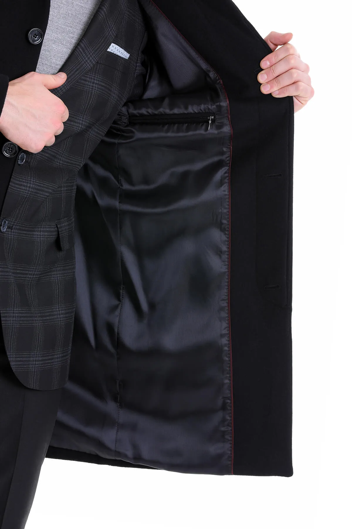 Slim Fit Cachet Flat Collar Black Wool Blend Overcoat