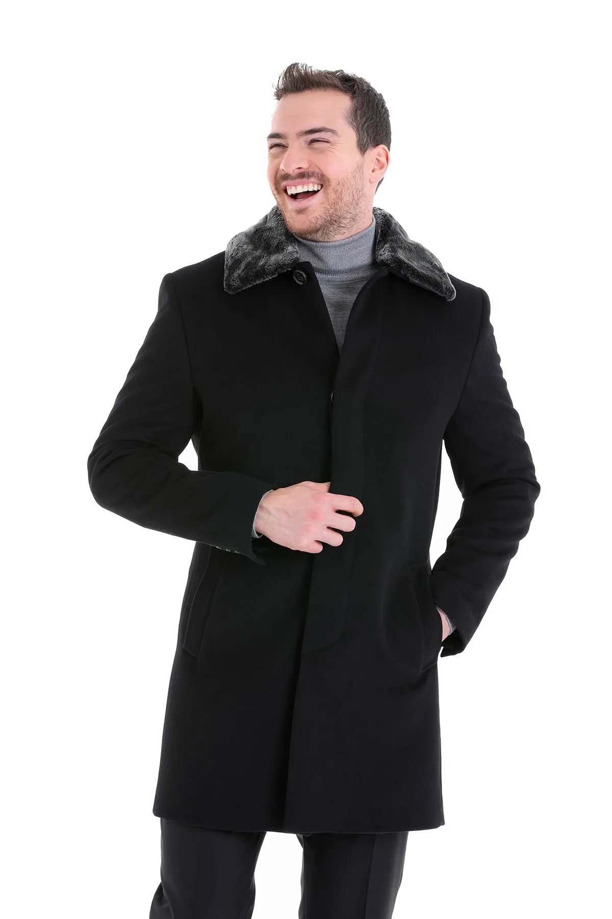 Slim Fit Cachet Flat Collar Black Wool Blend Overcoat