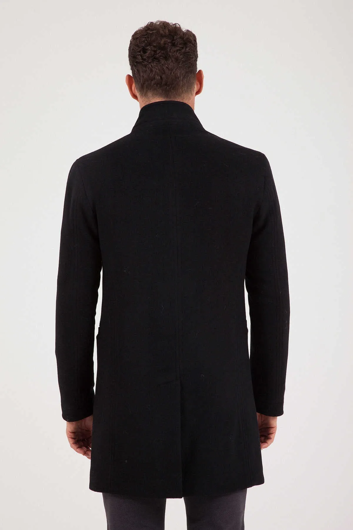 Slim Fit Cachet Notch Lapel Black Wool & Cashmere Overcoat