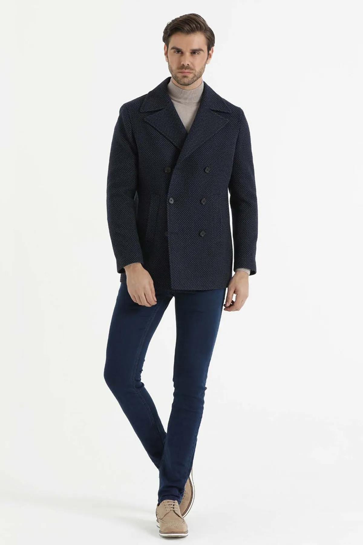 Slim Fit Double Breasted Wool Navy Overcoat, Navy D.