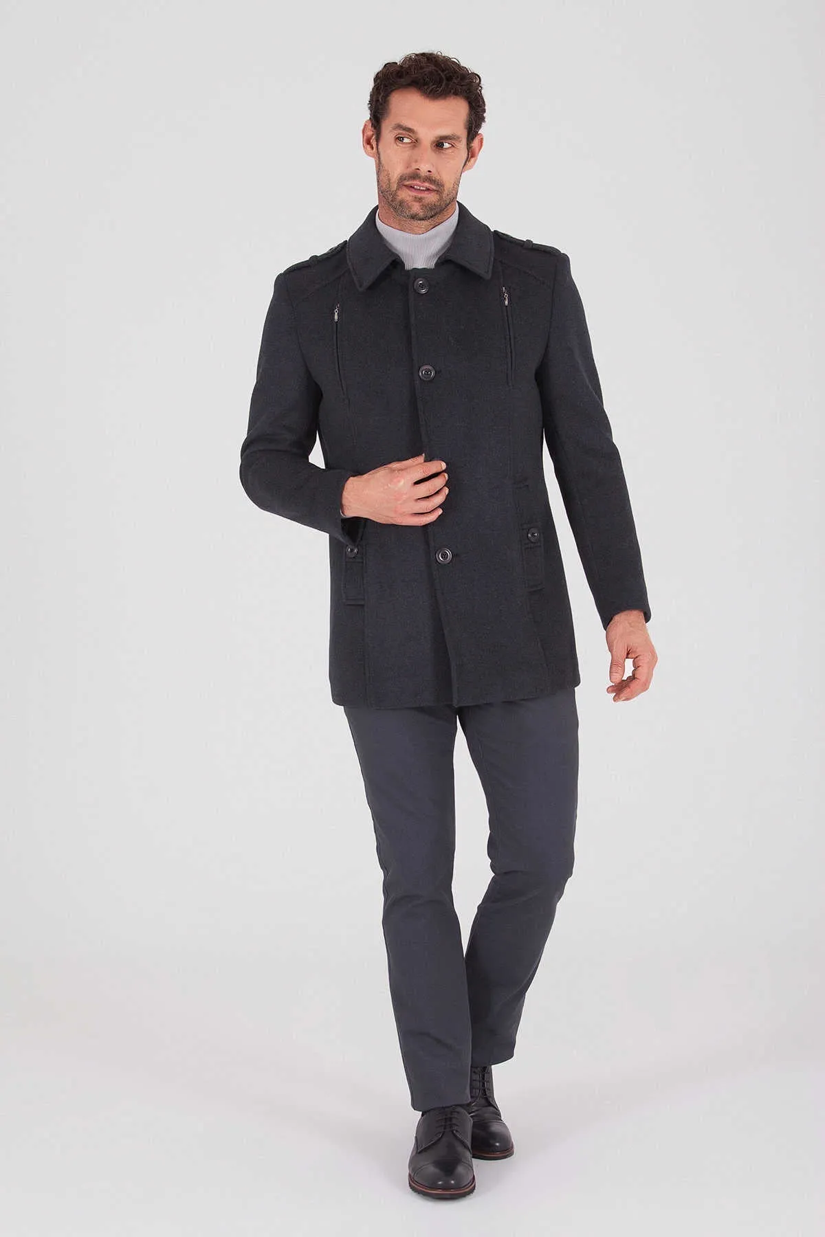 Slim Fit Notch Lapel Bond Wool Charcoal Overcoat, Charcoal