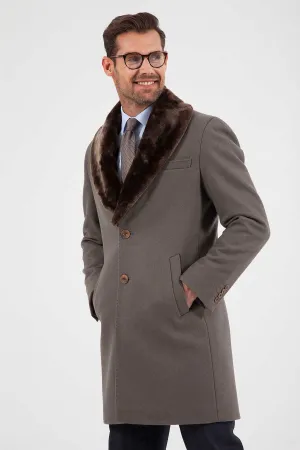 Slim Fit Notch Lapel Wool Light Beige Overcoat, Mink