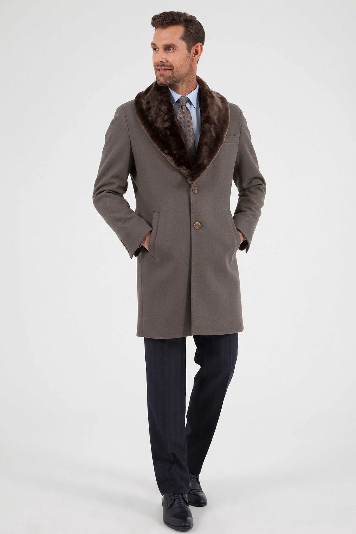 Slim Fit Notch Lapel Wool Light Beige Overcoat, Mink