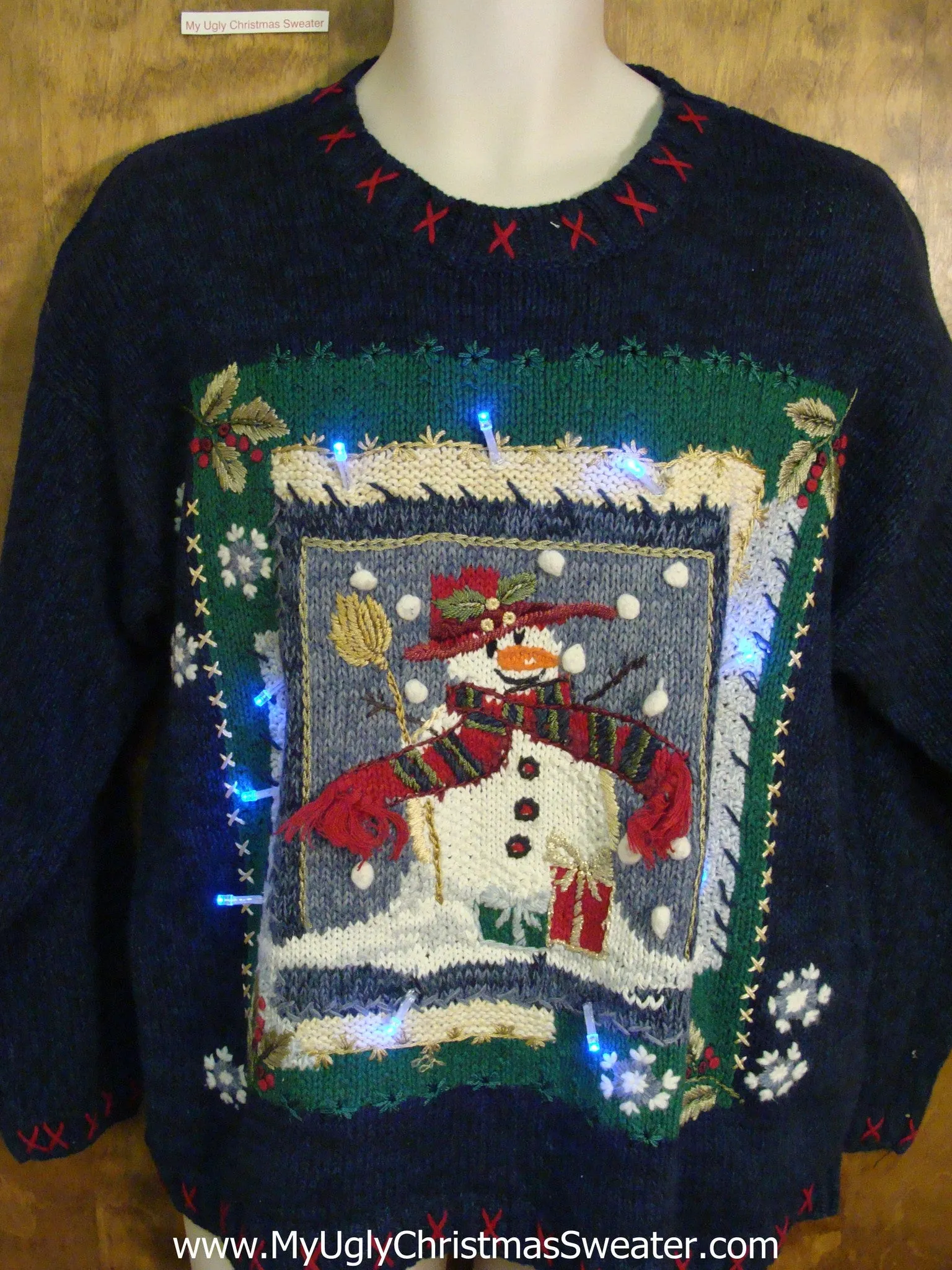 Snow Scene Snowman Framed Light Up Ugly Xmas Sweater