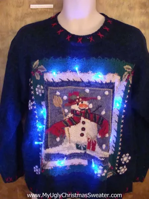 Snow Scene Snowman Framed Light Up Ugly Xmas Sweater