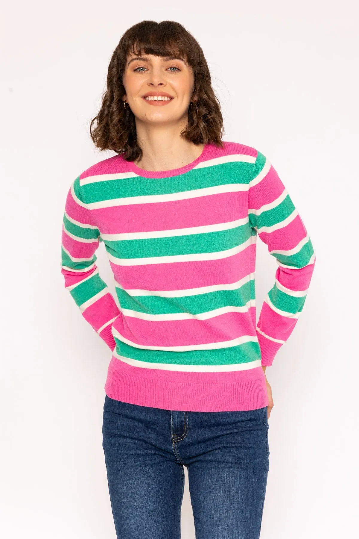 Soft Touch Stripe Knit Jumper in Pink & Green