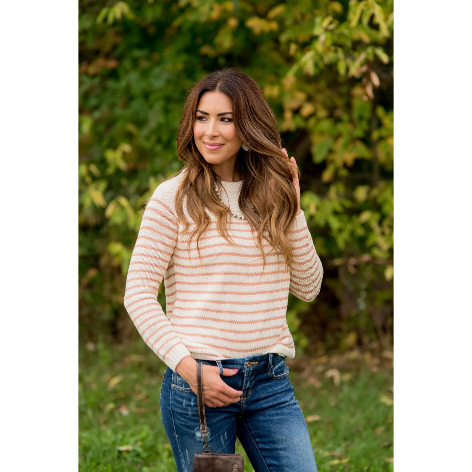 Solid Neckline Striped Knit Sweater