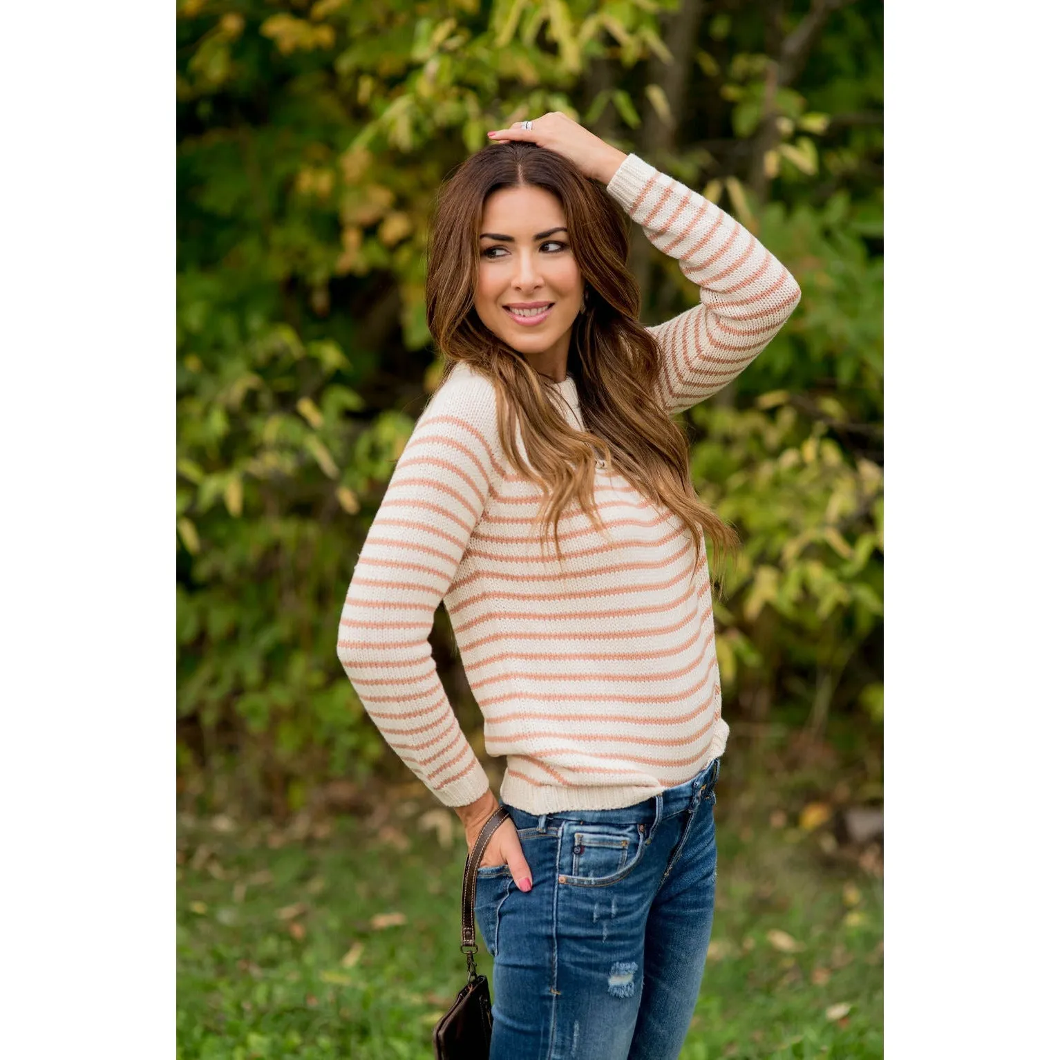 Solid Neckline Striped Knit Sweater