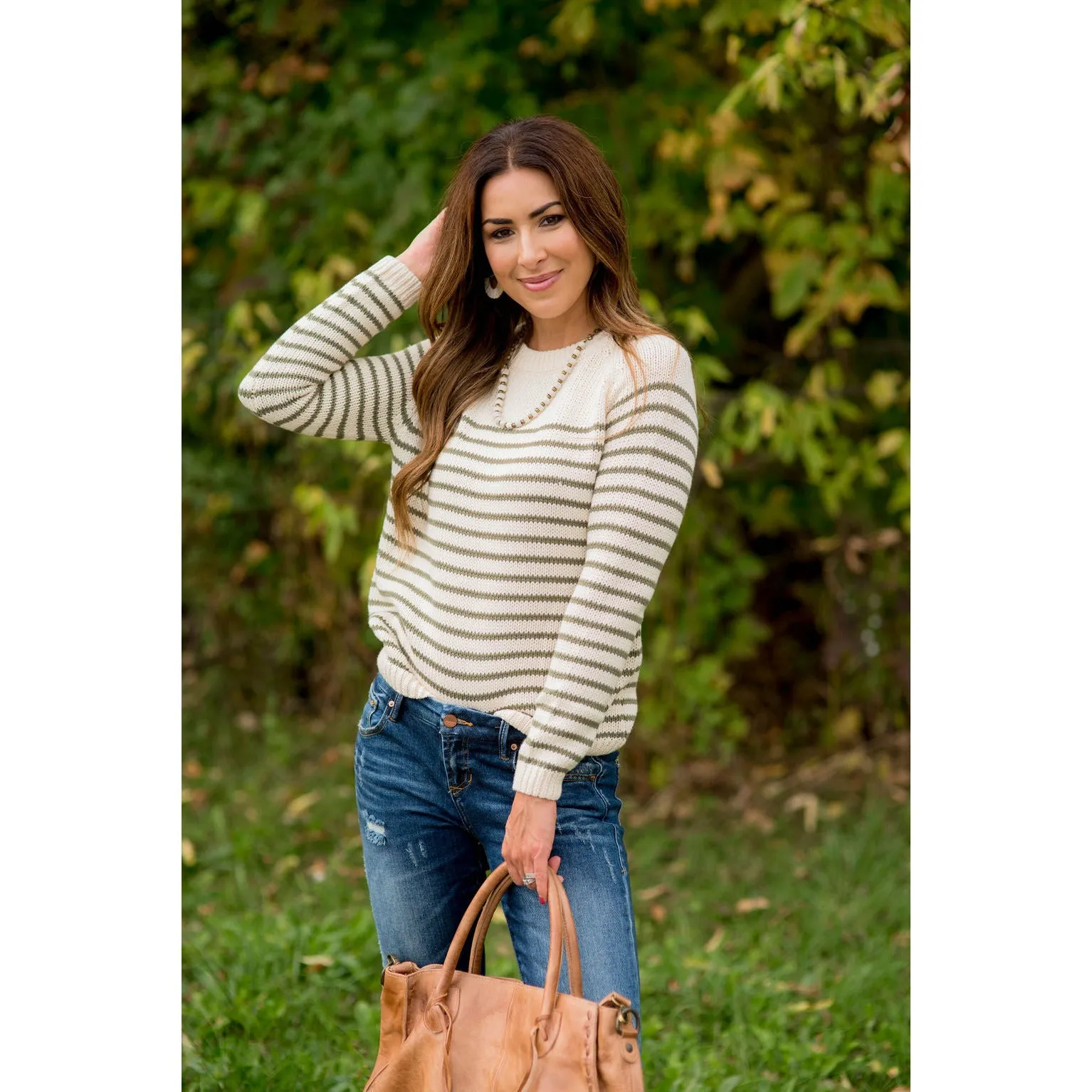 Solid Neckline Striped Knit Sweater